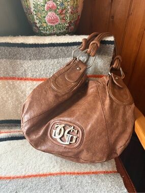 Y2K McBling GUESS Tan Monogram Embossed Hobo Shoulder Bag